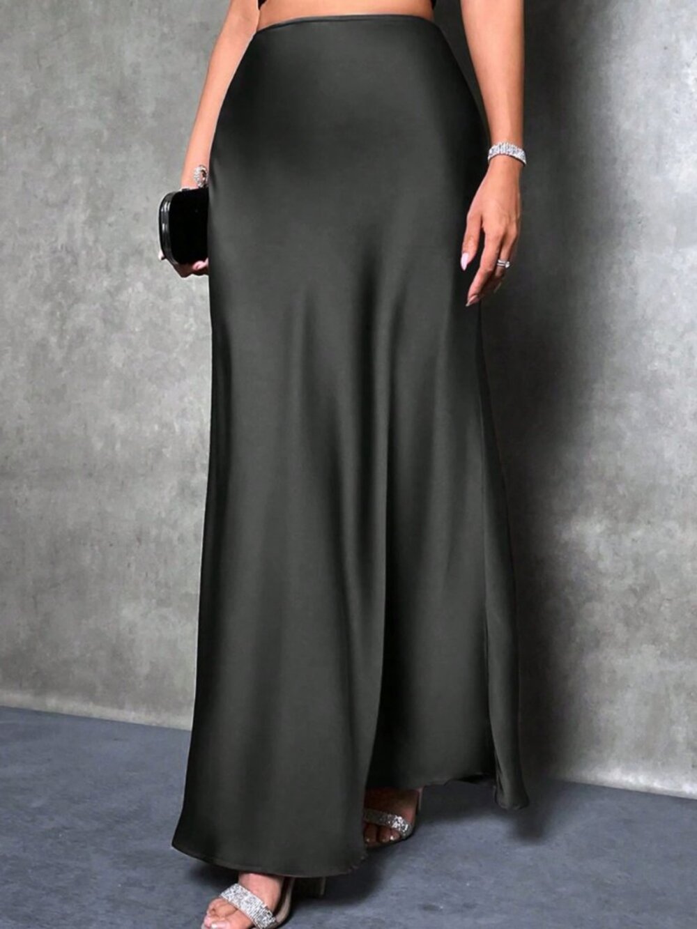 Elegant High-Waist Flowy Satin Maxi Skirt Black
